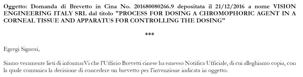 Brevetto granted in China