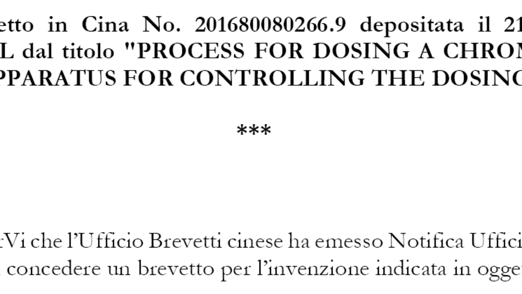 Brevetto granted in China